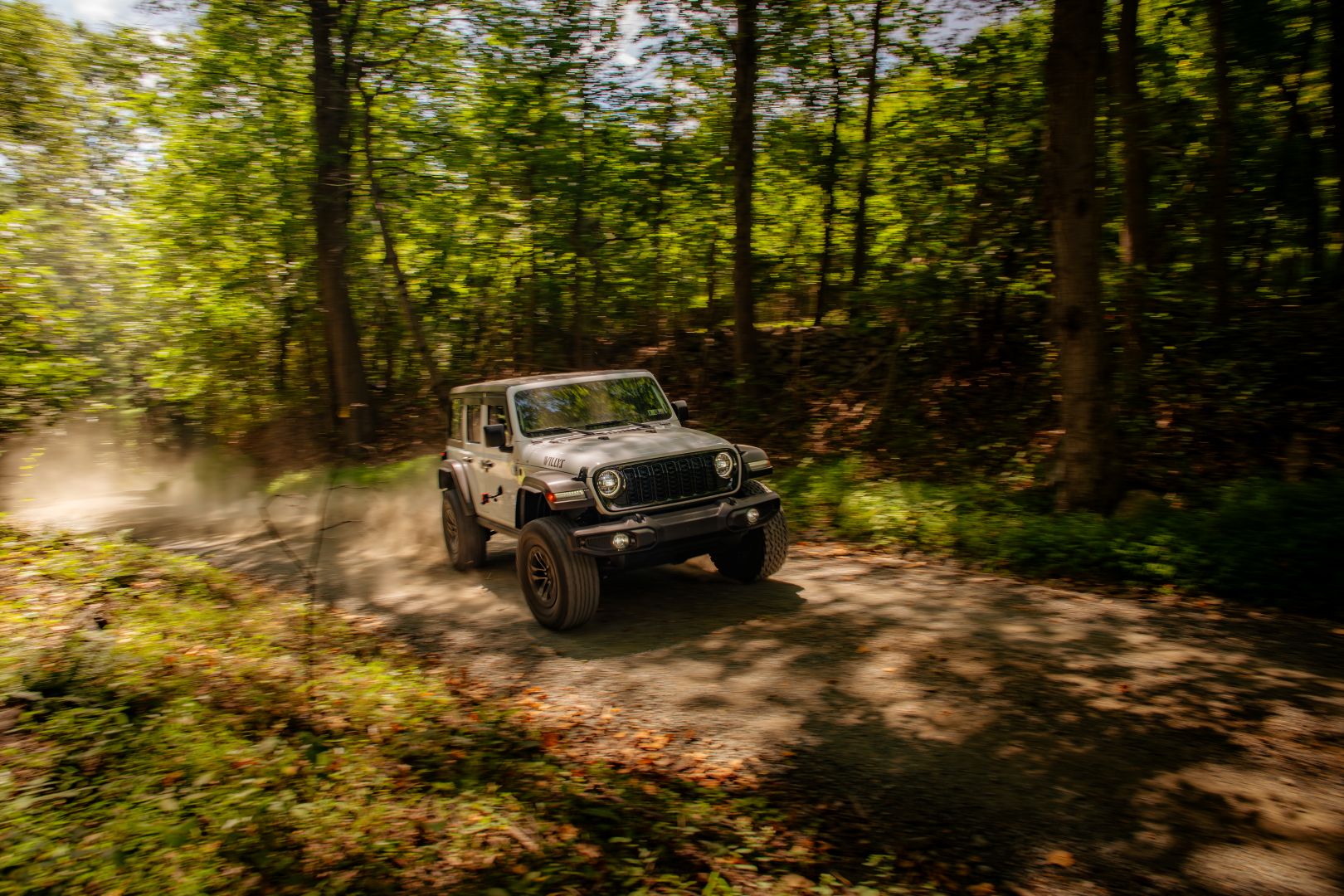 Silver Jeep Wrangler kicking up dust while driving down a sunlit dirt forest road.